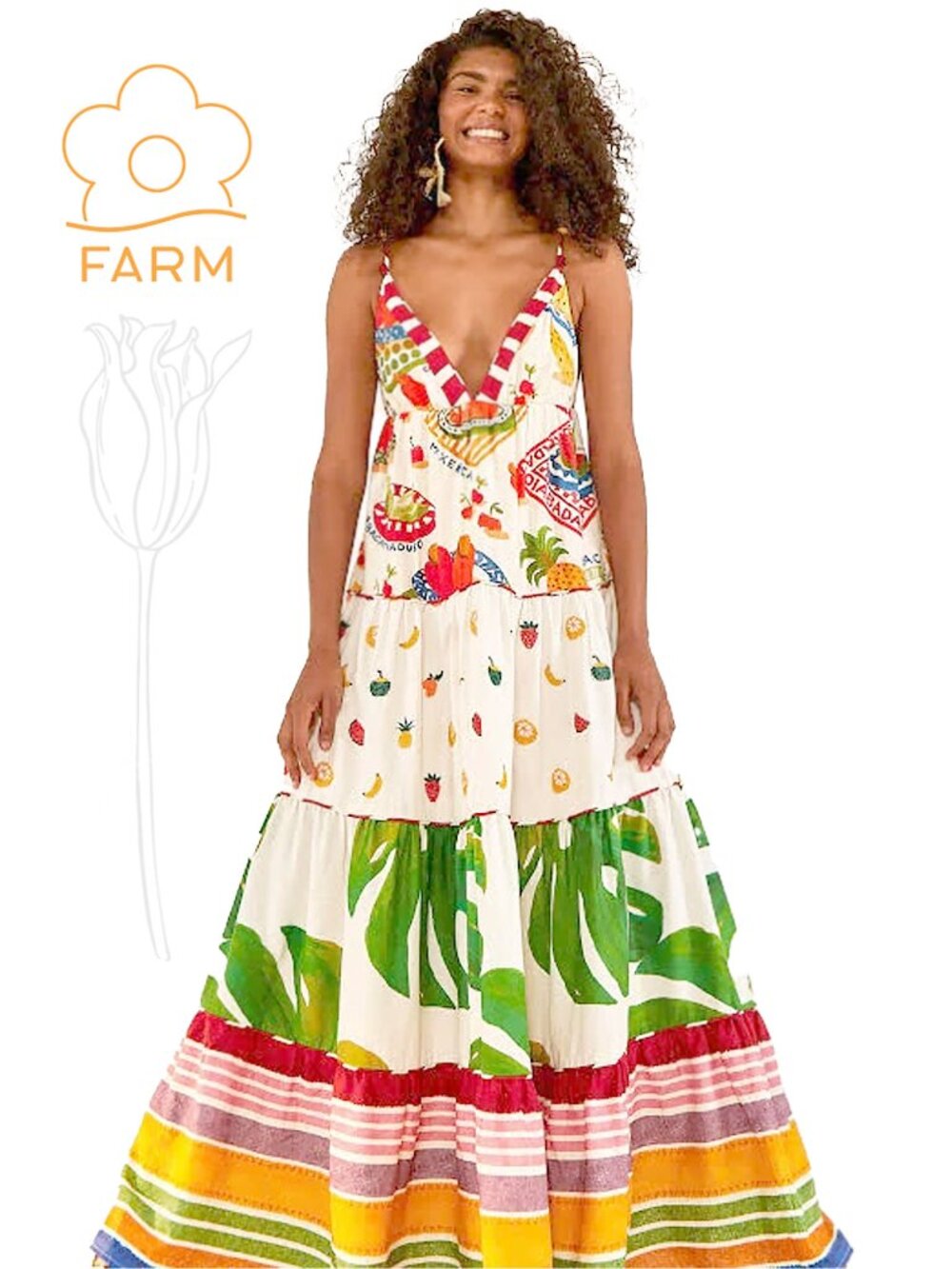 FARM Rio Mixed Picnic Linen Blend Maxi Dress White